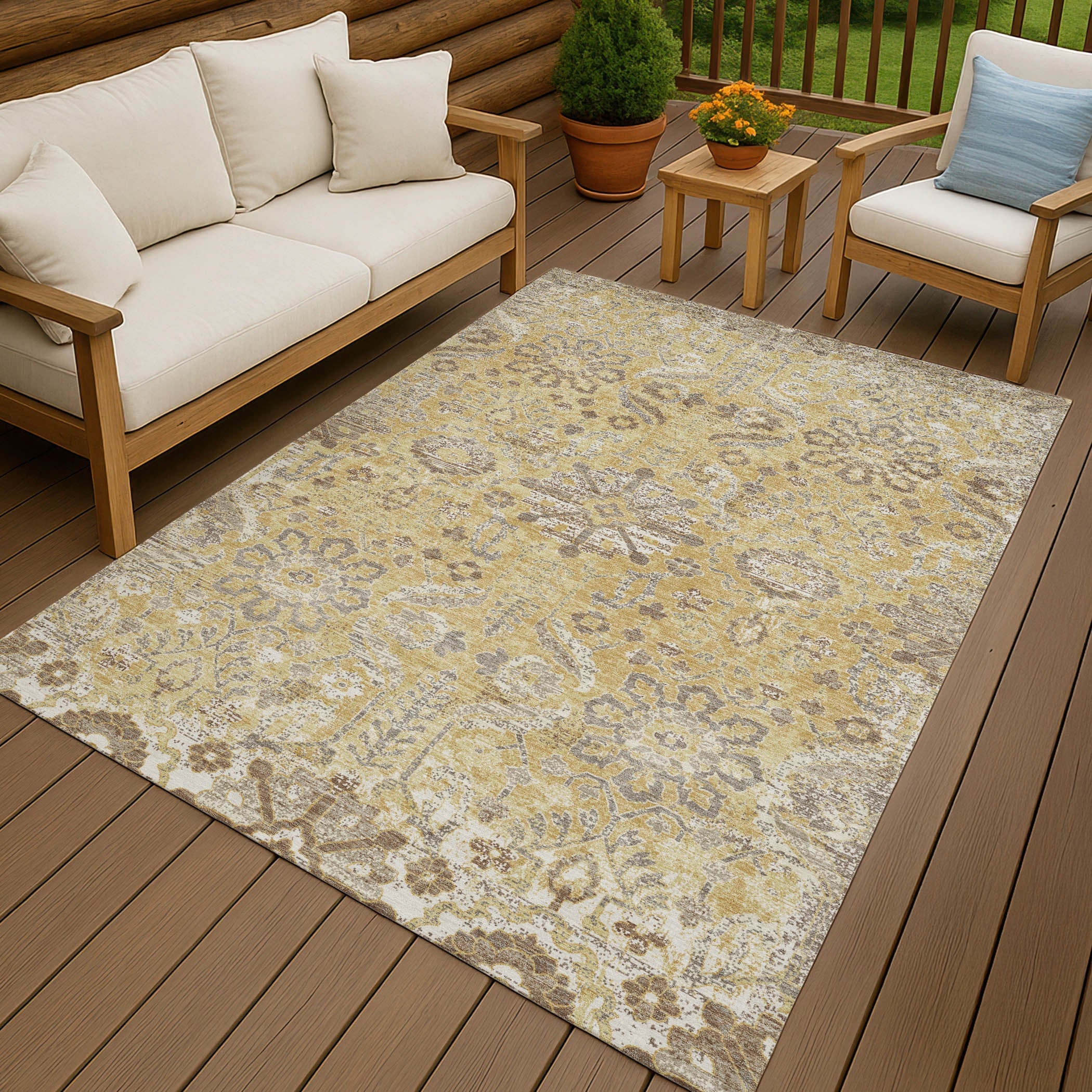 9' X 12' Gold And Wheat Damask Washable Indoor Outdoor Area Rug Homeroots Outdoor