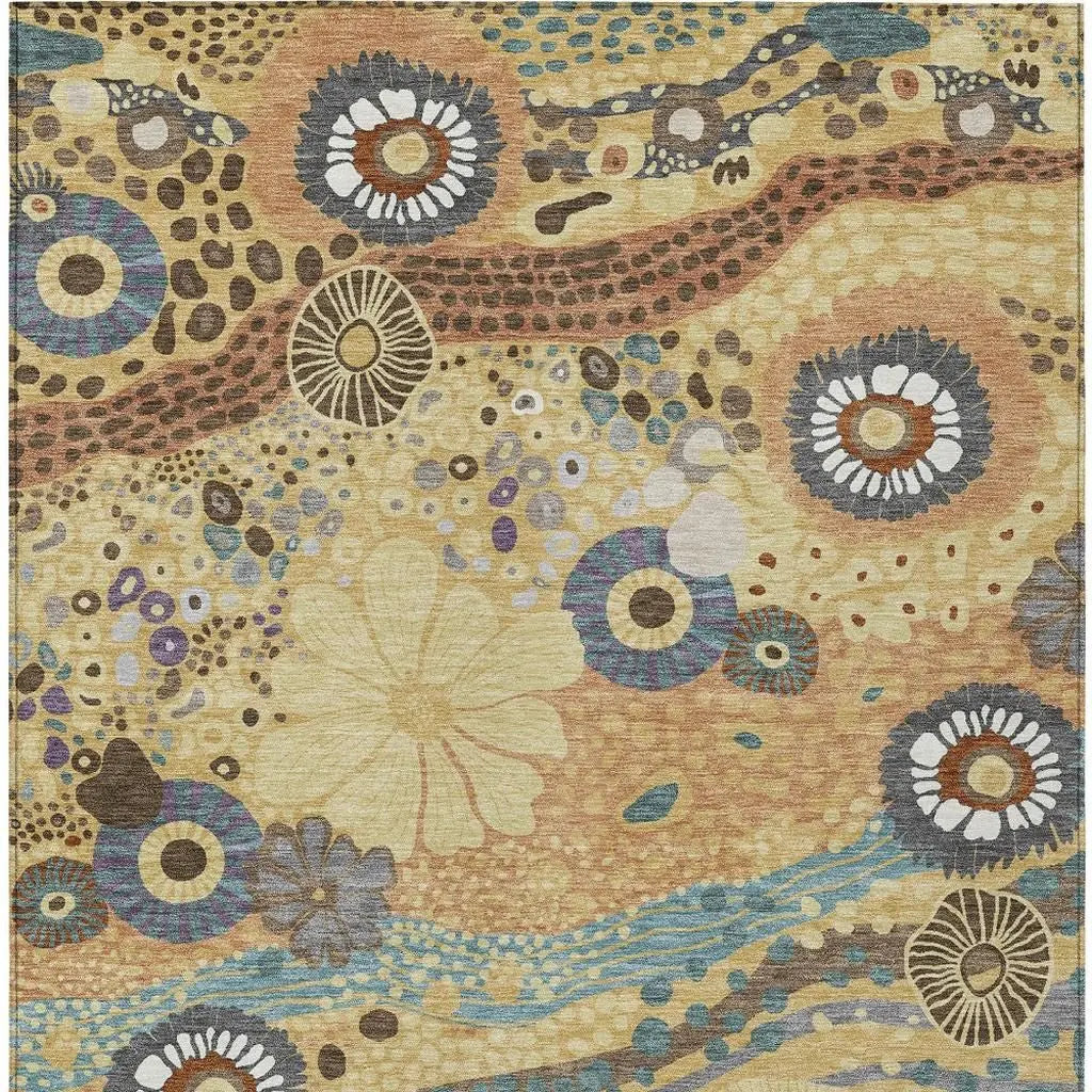 9' X 12' Gold And Wheat Floral Washable Indoor Outdoor Area Rug Homeroots Outdoor
