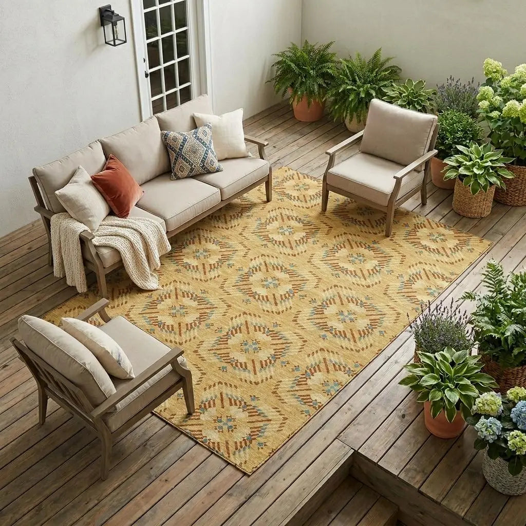 9' X 12' Gold And Wheat Geometric Washable Indoor Outdoor Area Rug Homeroots Outdoor