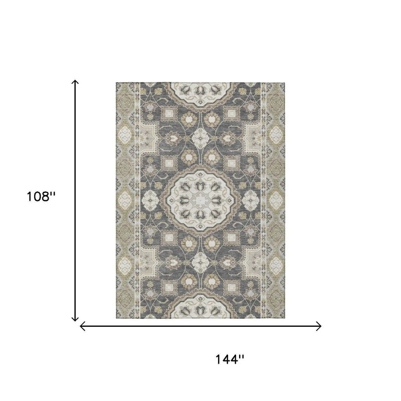 9' X 12' Graphite And Gray Floral Medallion Washable Indoor Outdoor Area Rug Homeroots Outdoor