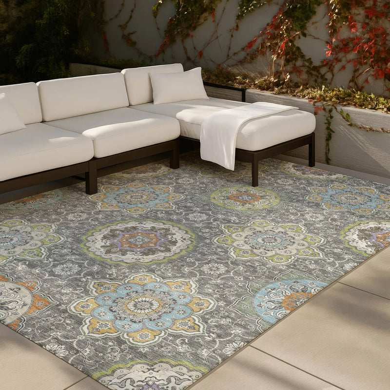 9' X 12' Gray And Brown Floral Medallion Washable Indoor Outdoor Area Rug Homeroots Outdoor