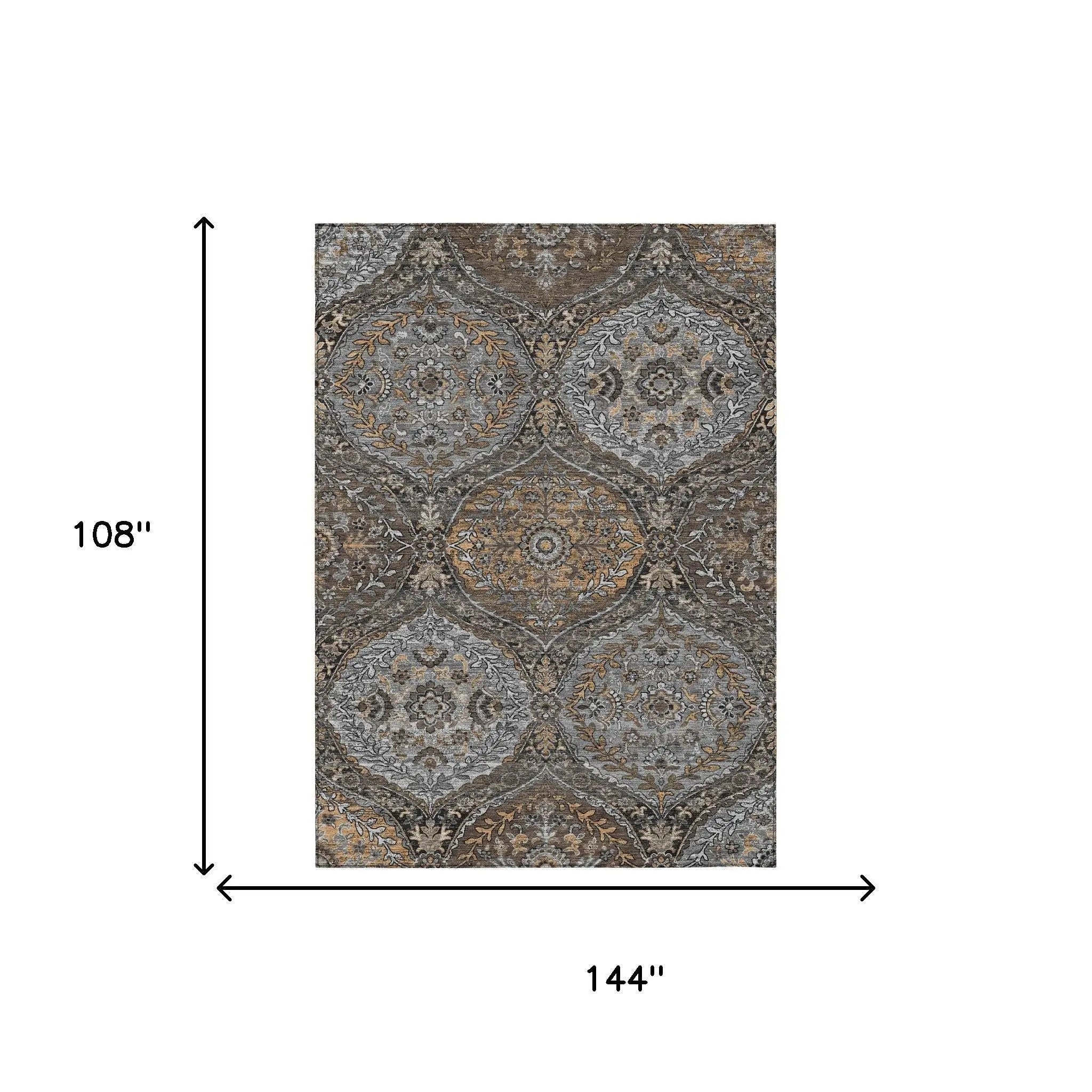 9' X 12' Gray And Brown Ogee Washable Indoor Outdoor Area Rug Homeroots Outdoor