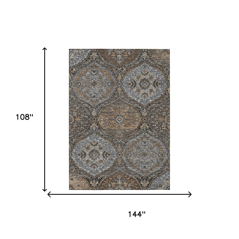 9' X 12' Gray And Brown Ogee Washable Indoor Outdoor Area Rug Homeroots Outdoor