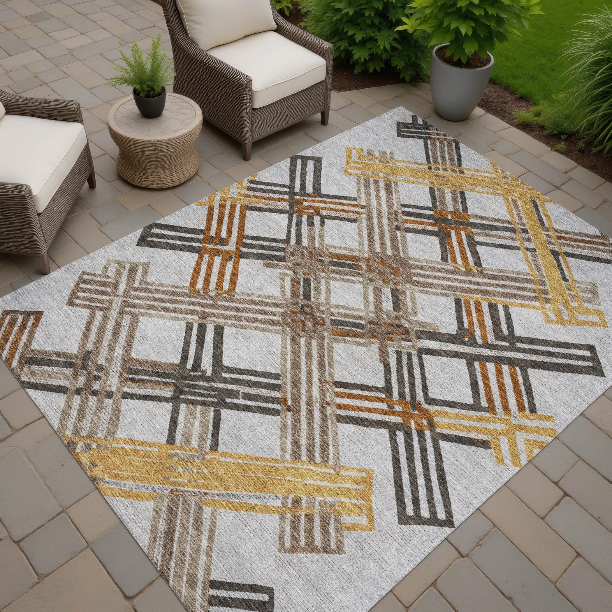 9' X 12' Gray And Gold Geometric Washable Indoor Outdoor Area Rug Homeroots Outdoor
