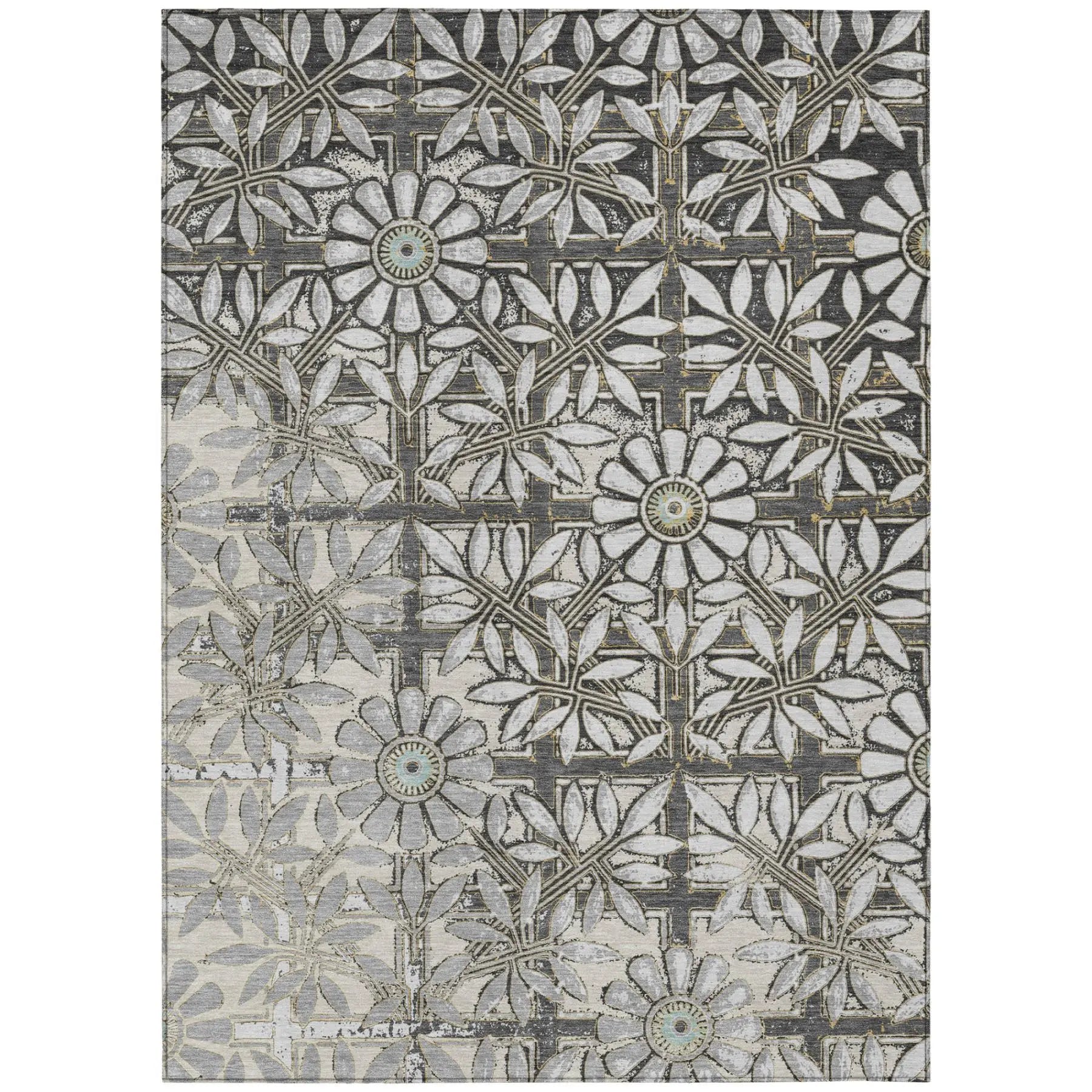 9' X 12' Gray And Pewter Floral Washable Indoor Outdoor Area Rug Homeroots Outdoor
