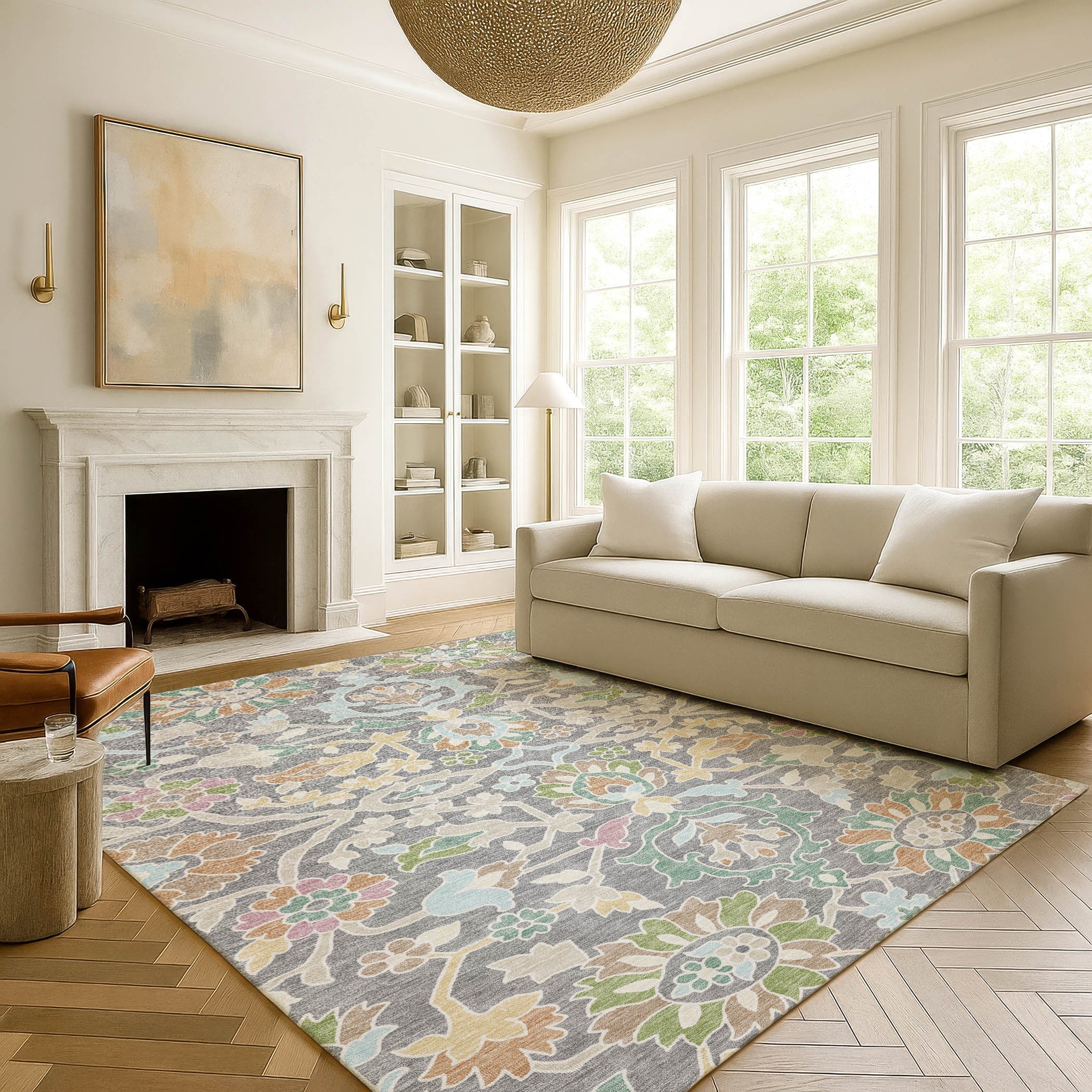9' X 12' Gray And Silver Floral Washable Indoor Outdoor Area Rug Homeroots Outdoor