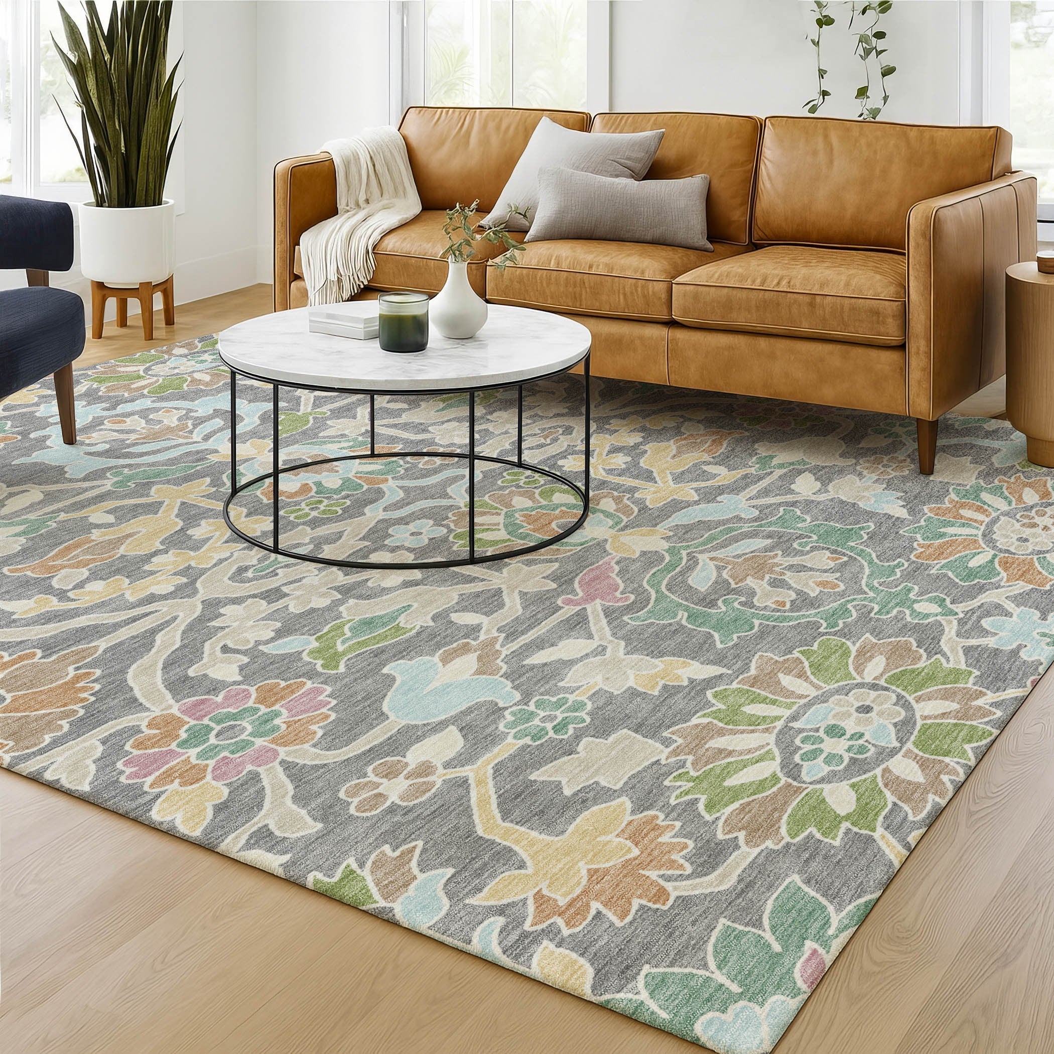 9' X 12' Gray And Silver Floral Washable Indoor Outdoor Area Rug Homeroots Outdoor