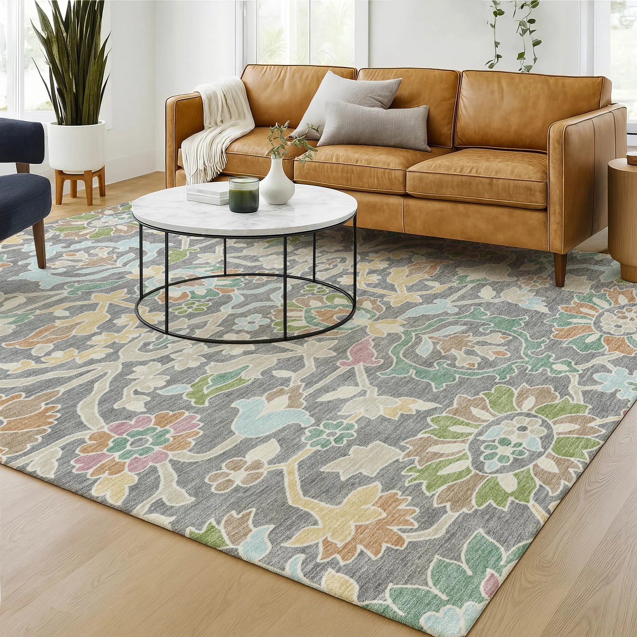 9' X 12' Gray And Silver Floral Washable Indoor Outdoor Area Rug Homeroots Outdoor