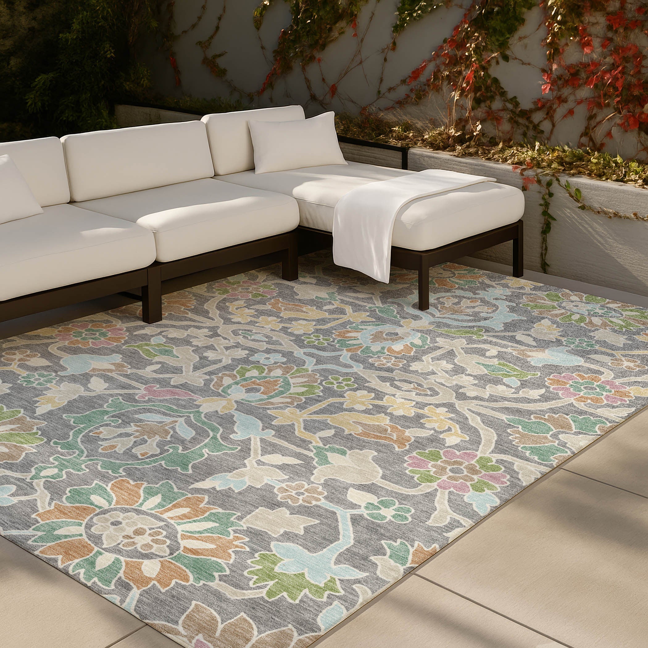 9' X 12' Gray And Silver Floral Washable Indoor Outdoor Area Rug Homeroots Outdoor