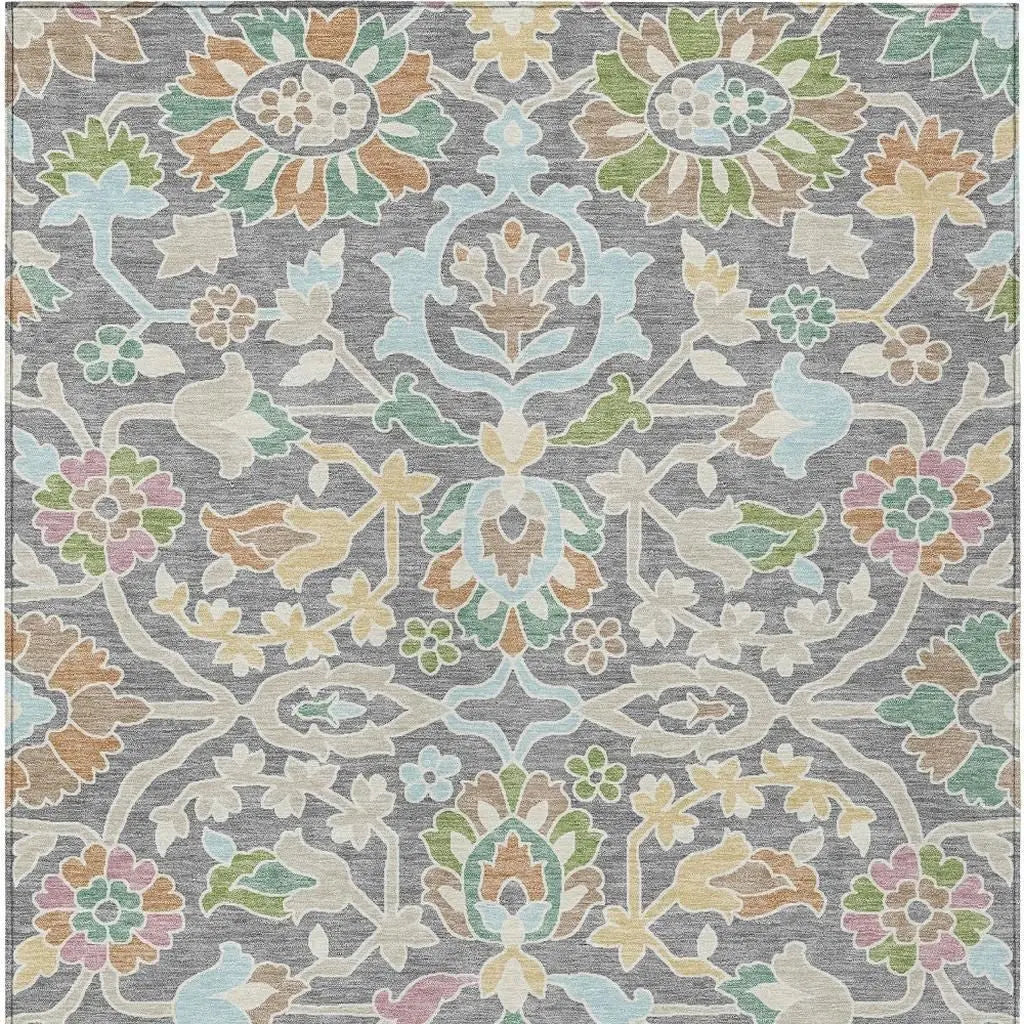 9' X 12' Gray And Silver Floral Washable Indoor Outdoor Area Rug Homeroots Outdoor