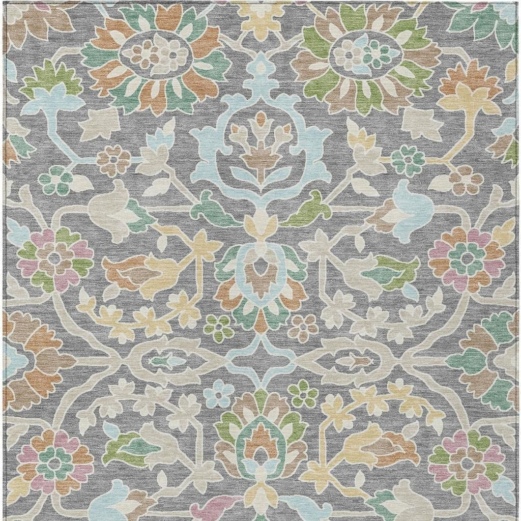 9' X 12' Gray And Silver Floral Washable Indoor Outdoor Area Rug Homeroots Outdoor