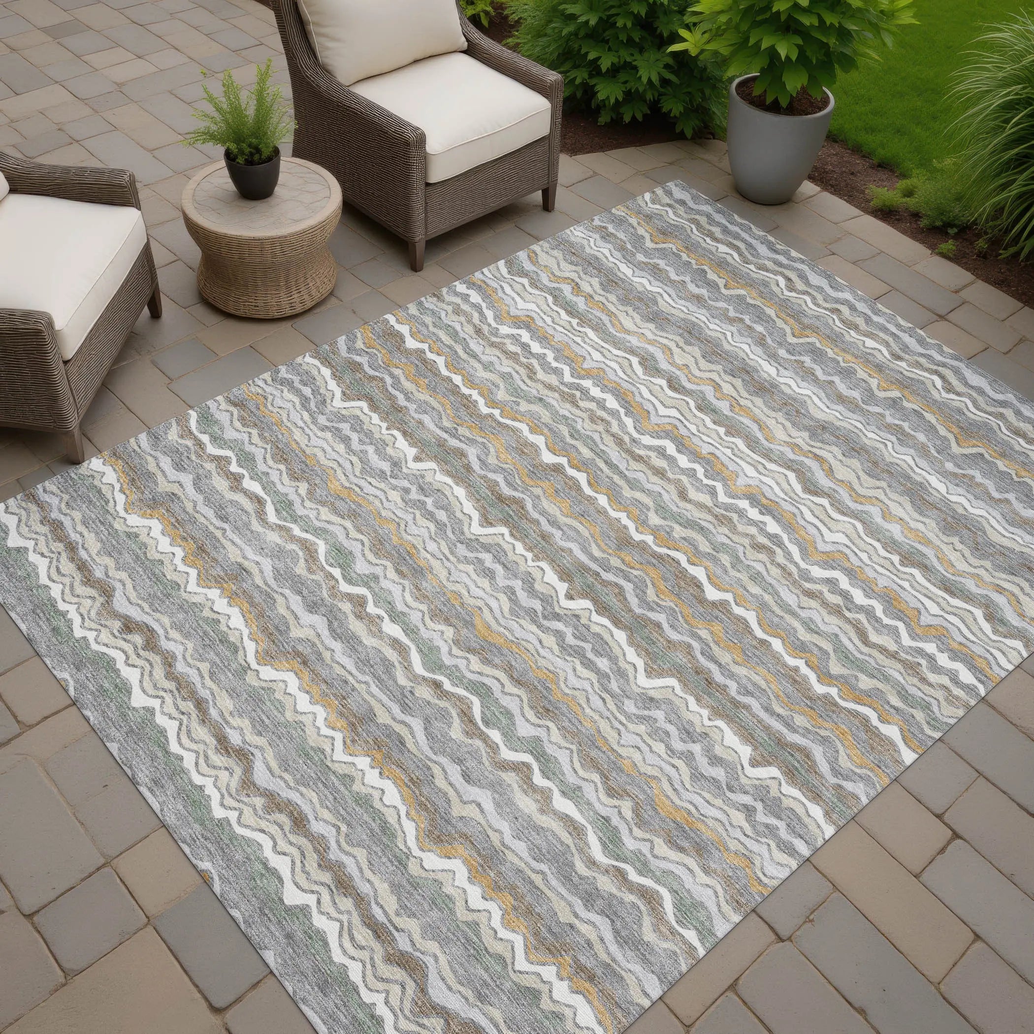 9' X 12' Gray And Silver Striped Washable Indoor Outdoor Area Rug Homeroots Outdoor