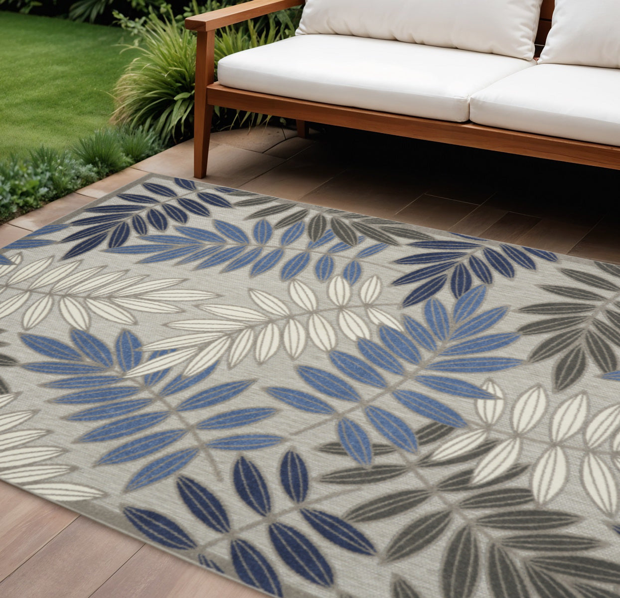 9' X 12' Gray Blue And Turquoise Palm Leaf Indoor Outdoor Area Rug Homeroots Outdoor