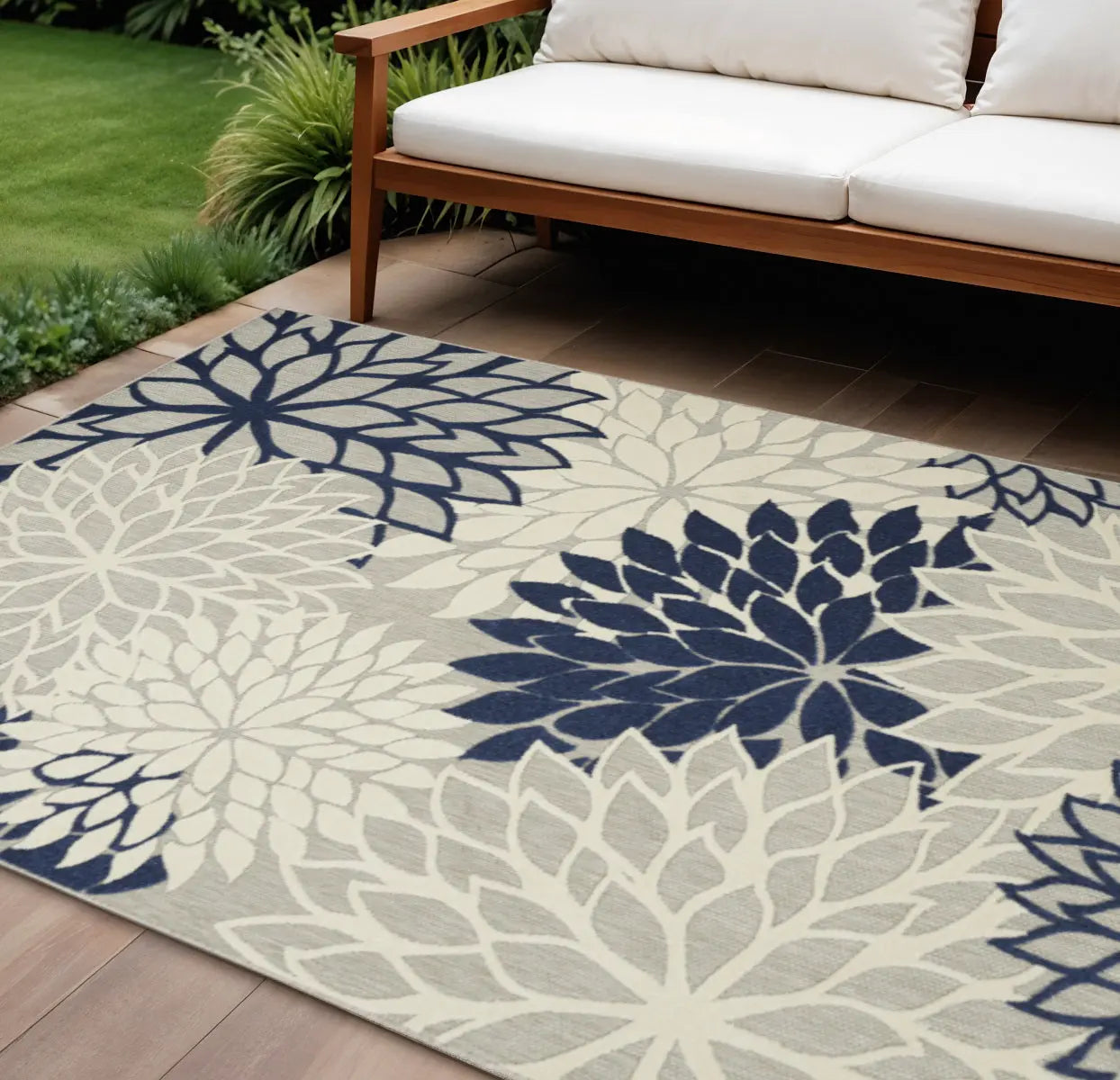 9' X 12' Gray Ivory And Navy Blue Floral Indoor Outdoor Area Rug Homeroots Outdoor