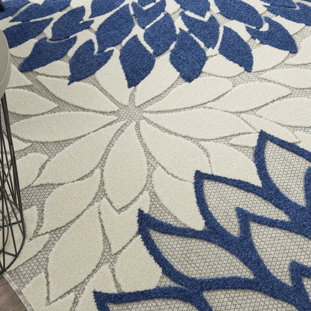 9' X 12' Gray Ivory And Navy Blue Floral Indoor Outdoor Area Rug Homeroots Outdoor