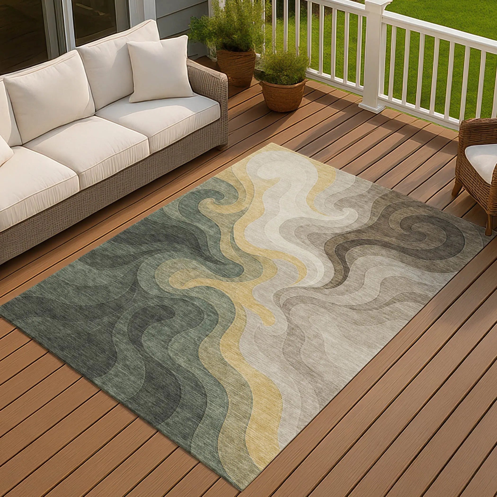 9' X 12' Green And Beige Abstract Washable Indoor Outdoor Area Rug Homeroots Outdoor