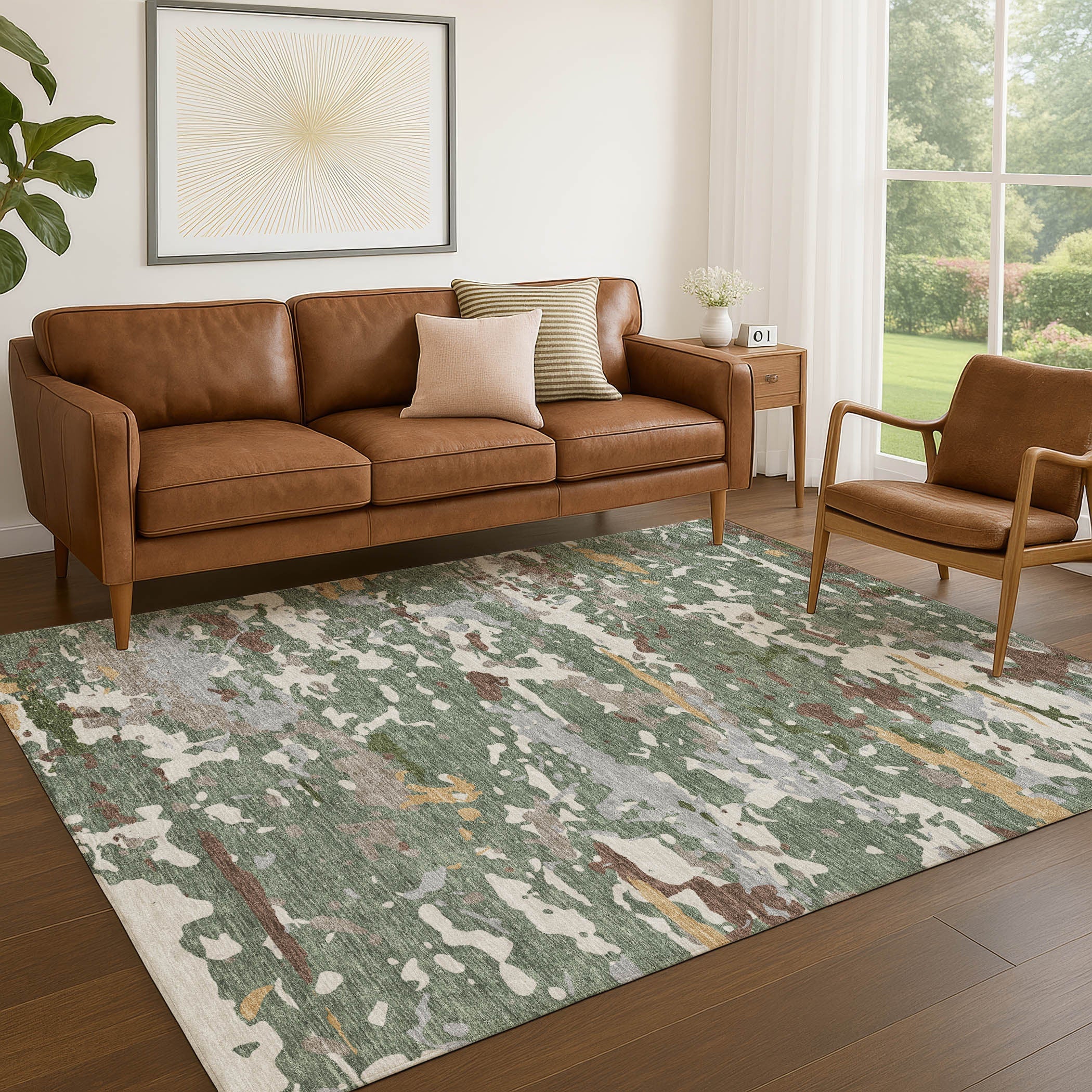 9' X 12' Green And Beige Abstract Washable Indoor Outdoor Area Rug Homeroots Outdoor