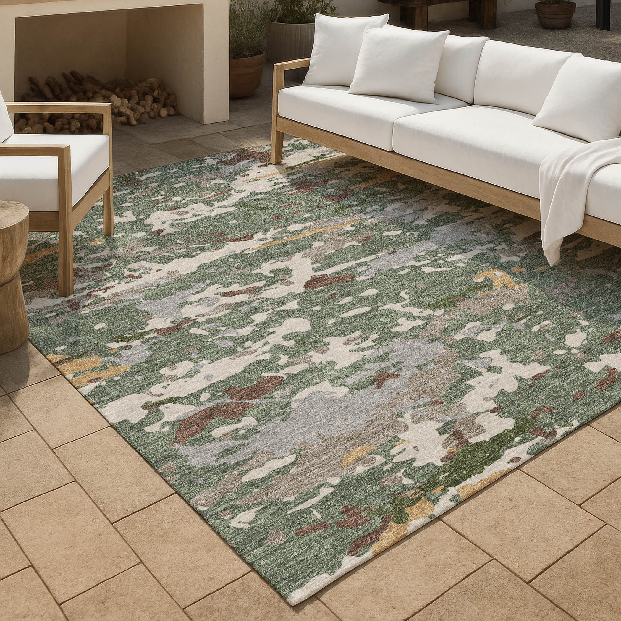 9' X 12' Green And Beige Abstract Washable Indoor Outdoor Area Rug Homeroots Outdoor