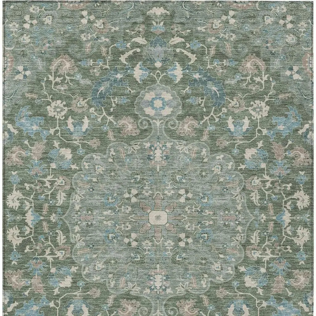 9' X 12' Green And Beige Floral Medallion Washable Indoor Outdoor Area Rug Homeroots Outdoor