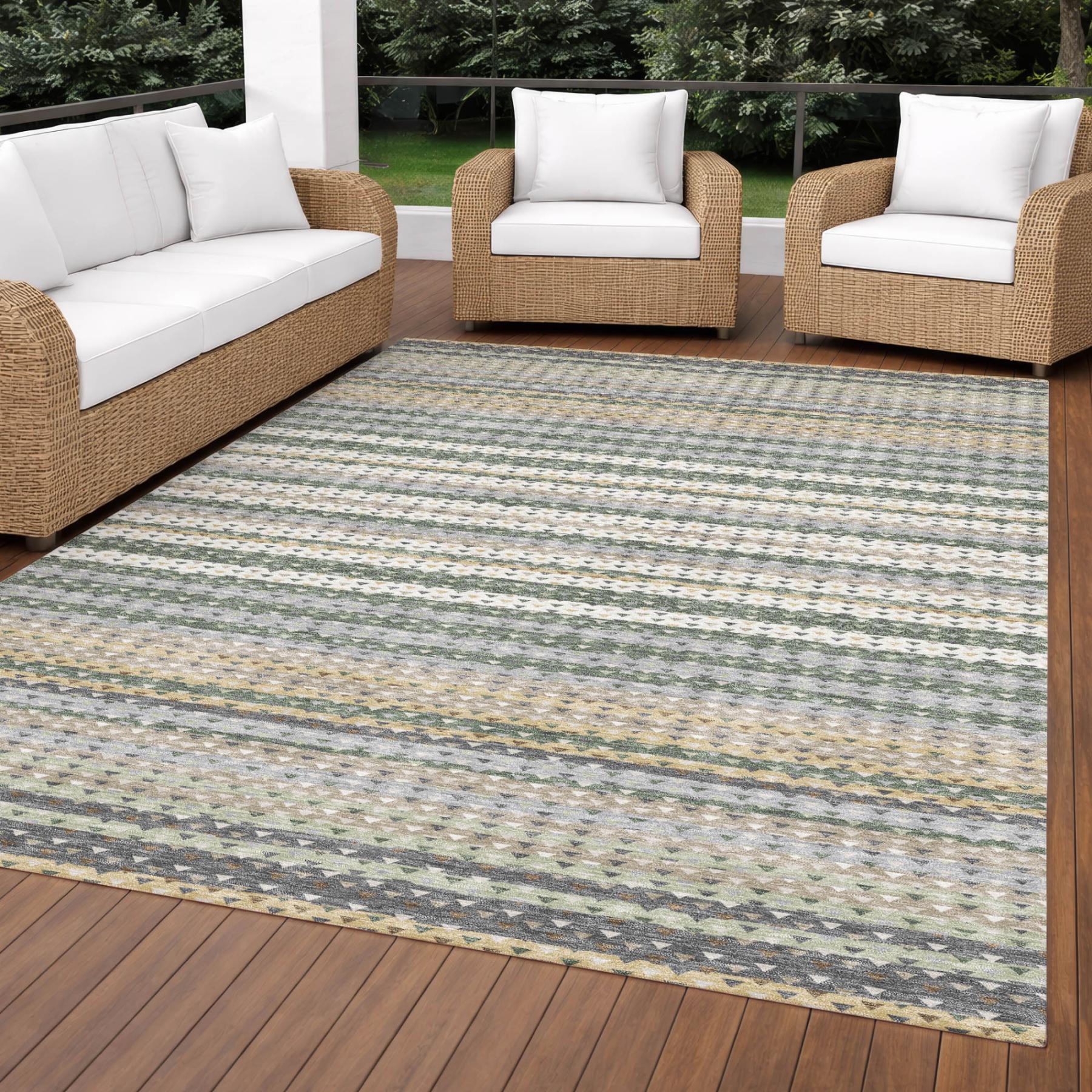 9' X 12' Green And Beige Striped Washable Indoor Outdoor Area Rug Homeroots Outdoor