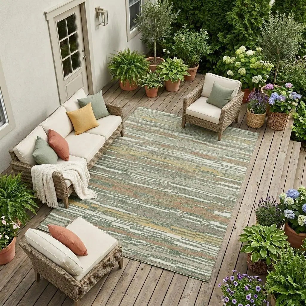 9' X 12' Green And Beige Striped Washable Indoor Outdoor Area Rug Homeroots Outdoor