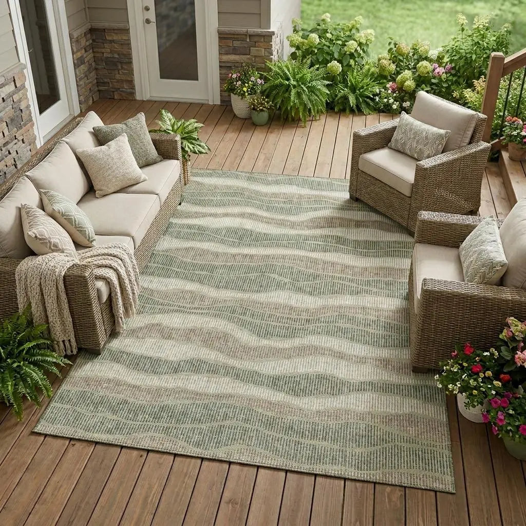 9' X 12' Green And Beige Striped Washable Indoor Outdoor Area Rug Homeroots Outdoor