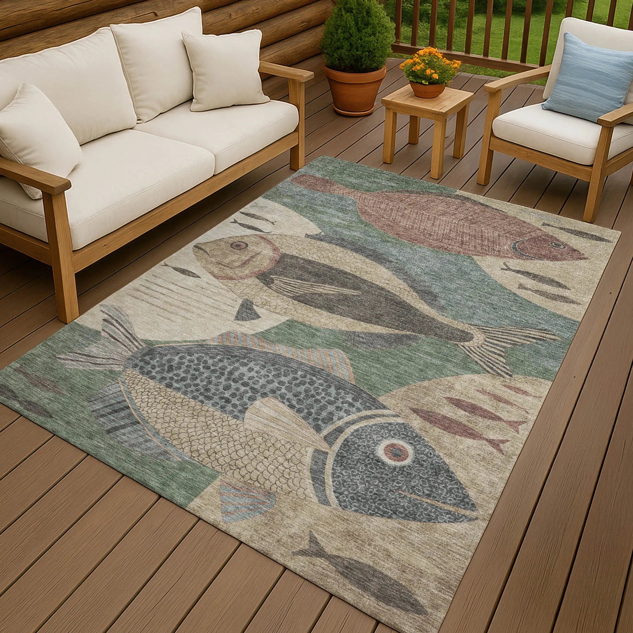 9' X 12' Green And Beige Tropical Fish Washable Indoor Outdoor Area Rug Homeroots Outdoor