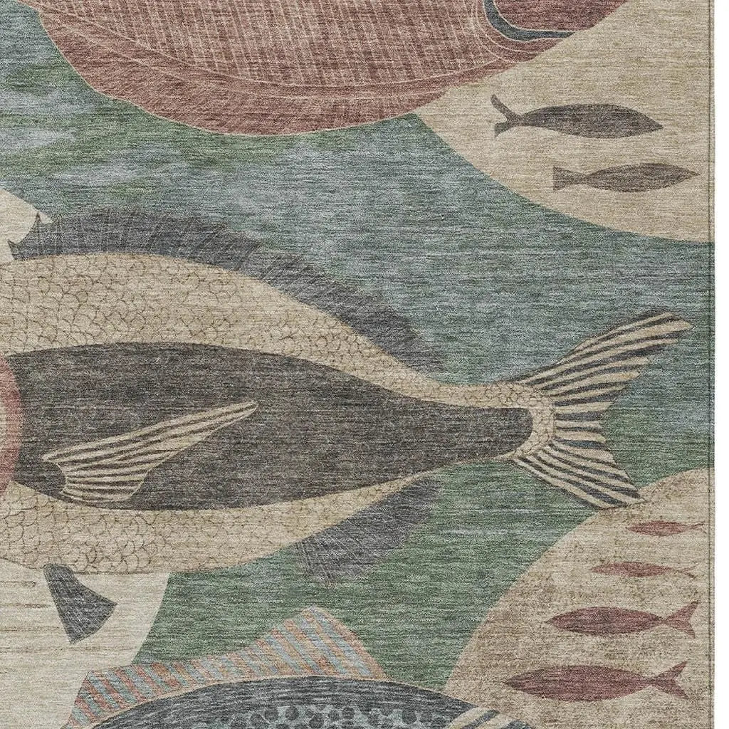 9' X 12' Green And Beige Tropical Fish Washable Indoor Outdoor Area Rug Homeroots Outdoor