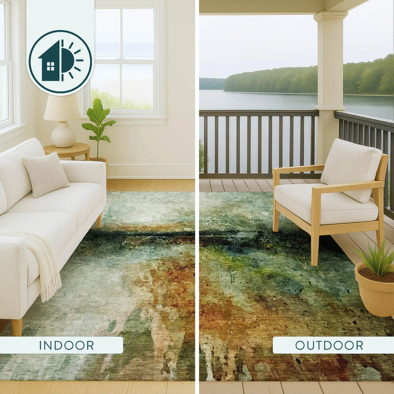 9' X 12' Green And Black Abstract Washable Indoor Outdoor Area Rug Homeroots Outdoor