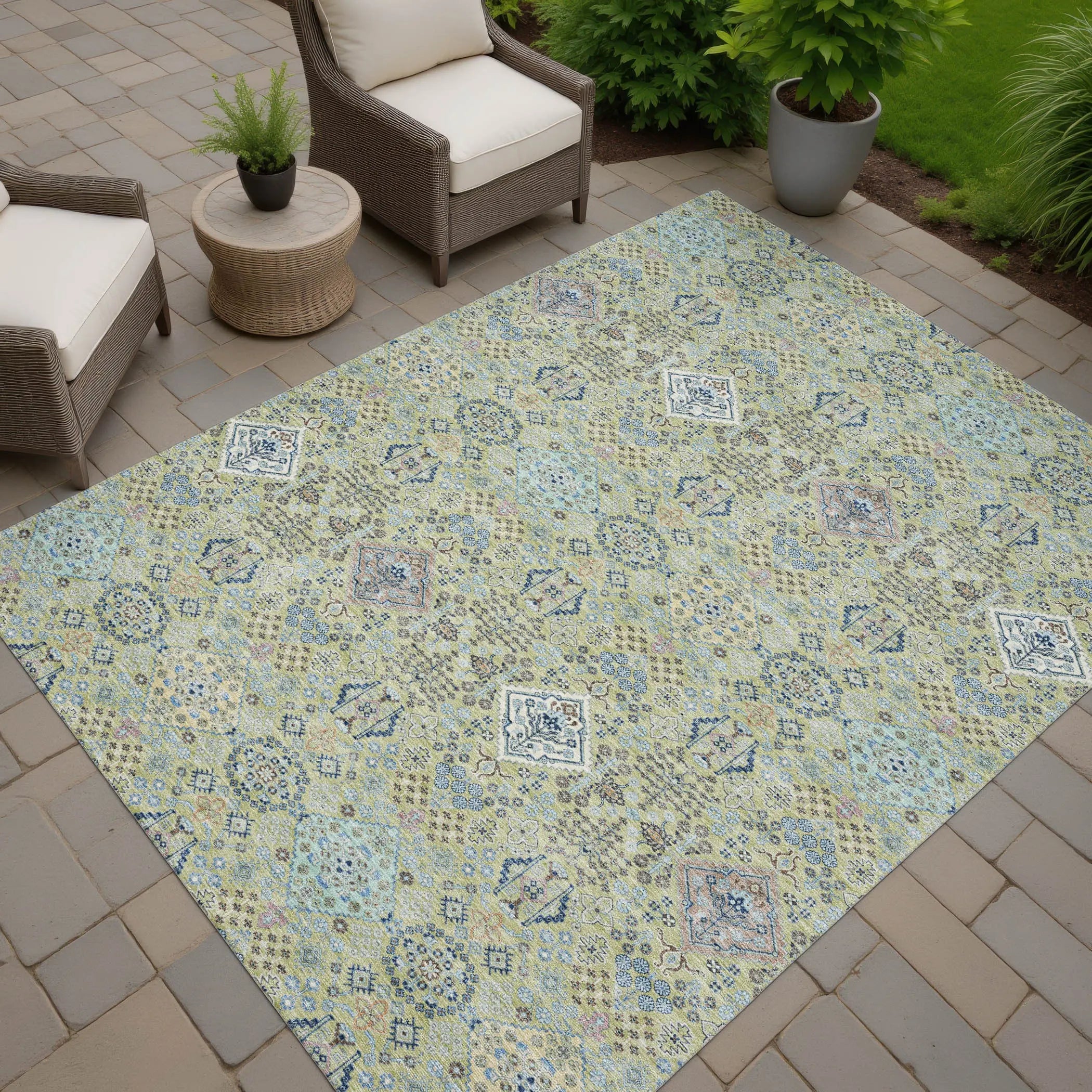 9' X 12' Green And Blue Oriental Washable Indoor Outdoor Area Rug Homeroots Outdoor