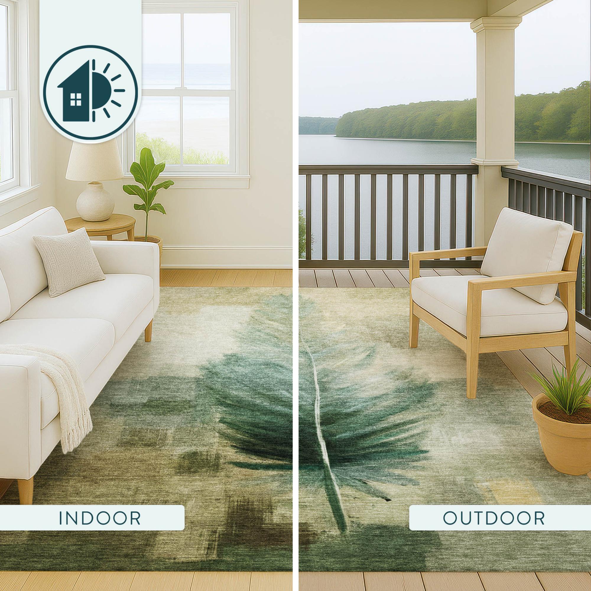 9' X 12' Green And Brown Botanical Leaves Washable Indoor Outdoor Area Rug Homeroots Outdoor