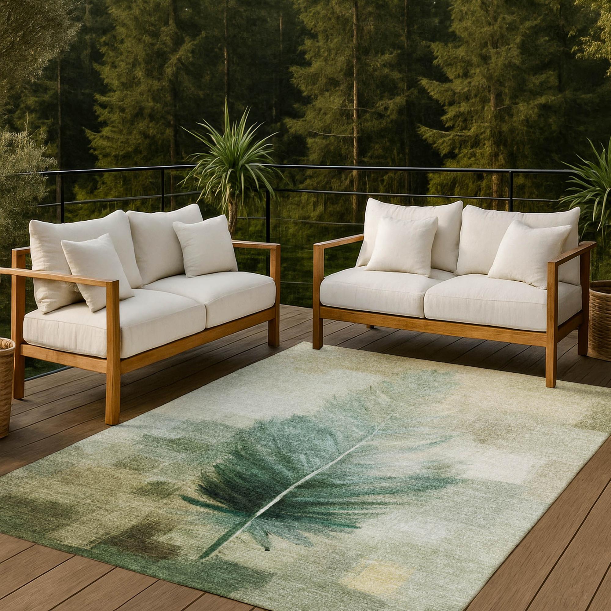 9' X 12' Green And Brown Botanical Leaves Washable Indoor Outdoor Area Rug Homeroots Outdoor