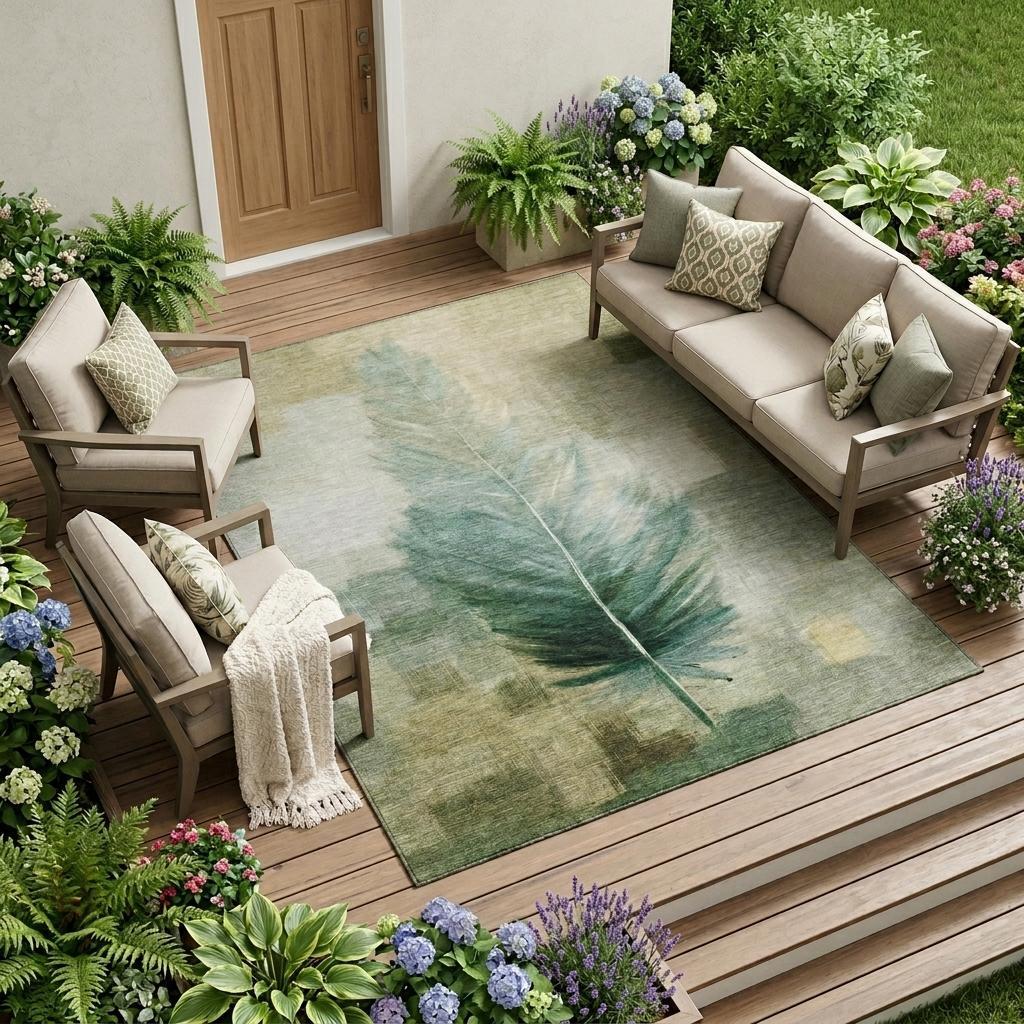 9' X 12' Green And Brown Botanical Leaves Washable Indoor Outdoor Area Rug Homeroots Outdoor