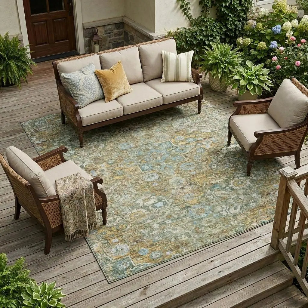 9' X 12' Green And Brown Floral Medallion Washable Indoor Outdoor Area Rug Homeroots Outdoor