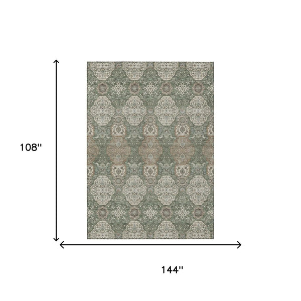 9' X 12' Green And Brown Floral Washable Indoor Outdoor Area Rug Homeroots Outdoor