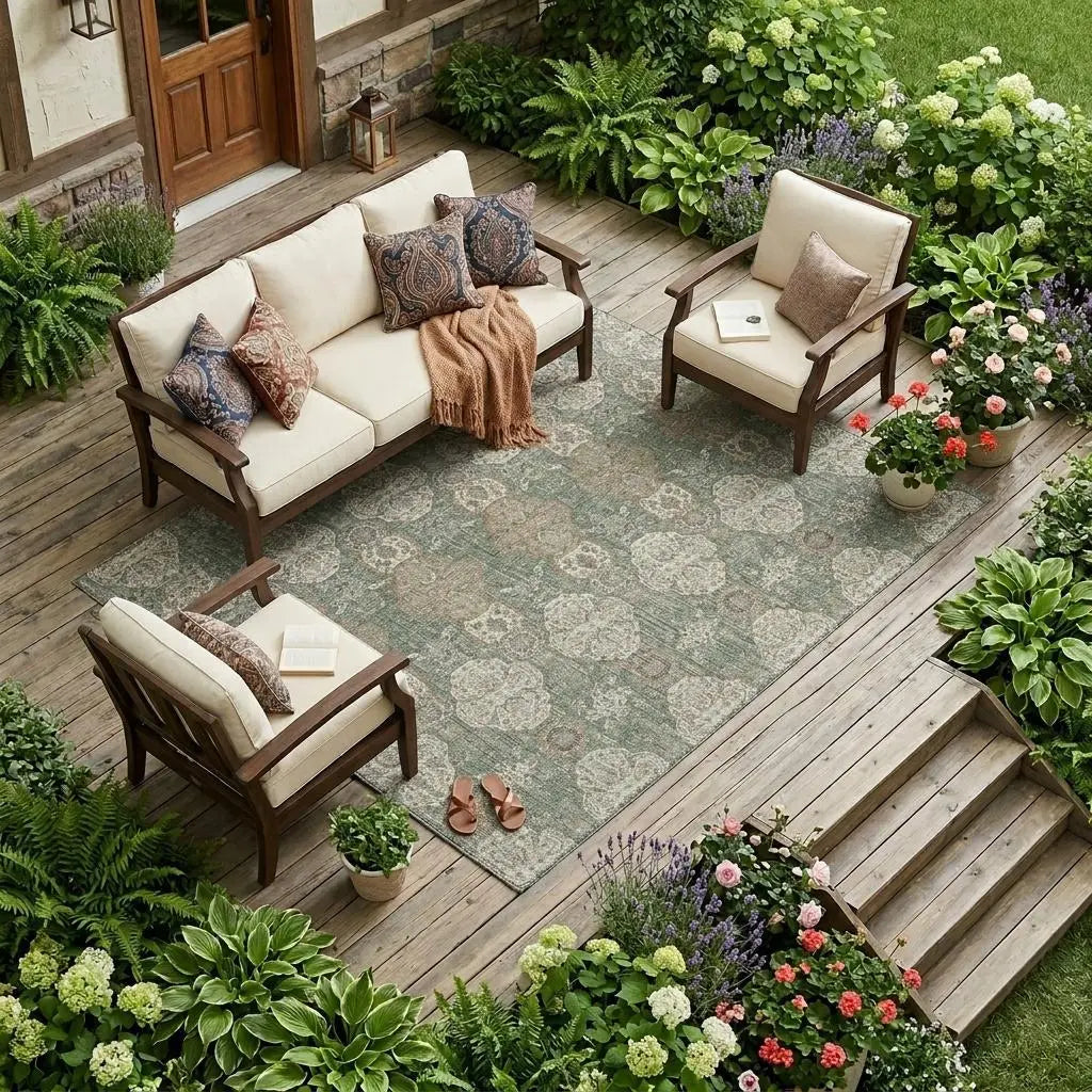 9' X 12' Green And Brown Floral Washable Indoor Outdoor Area Rug Homeroots Outdoor