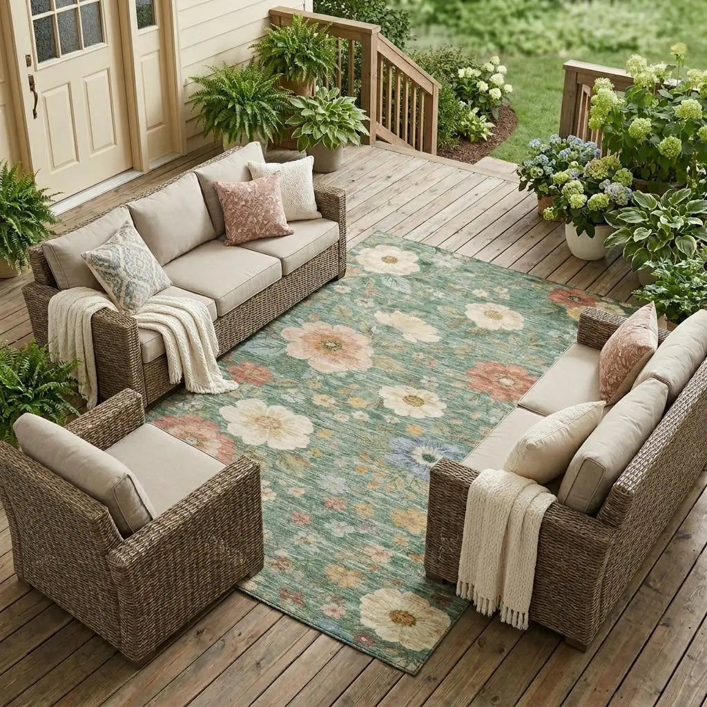 9' X 12' Green And Brown Floral Washable Indoor Outdoor Area Rug Homeroots Outdoor
