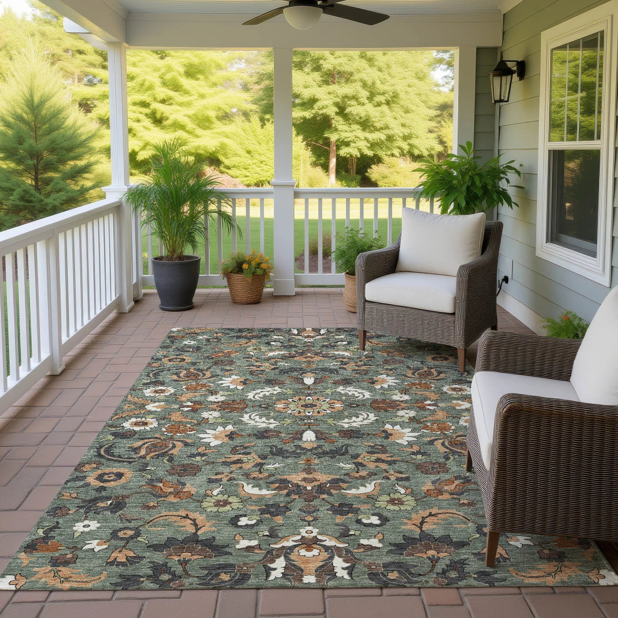 9' X 12' Green And Charcoal Floral Medallion Washable Indoor Outdoor Area Rug Homeroots Outdoor