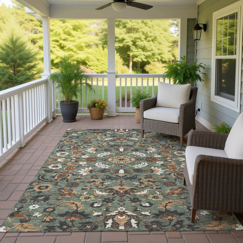 9' X 12' Green And Charcoal Floral Medallion Washable Indoor Outdoor Area Rug Homeroots Outdoor