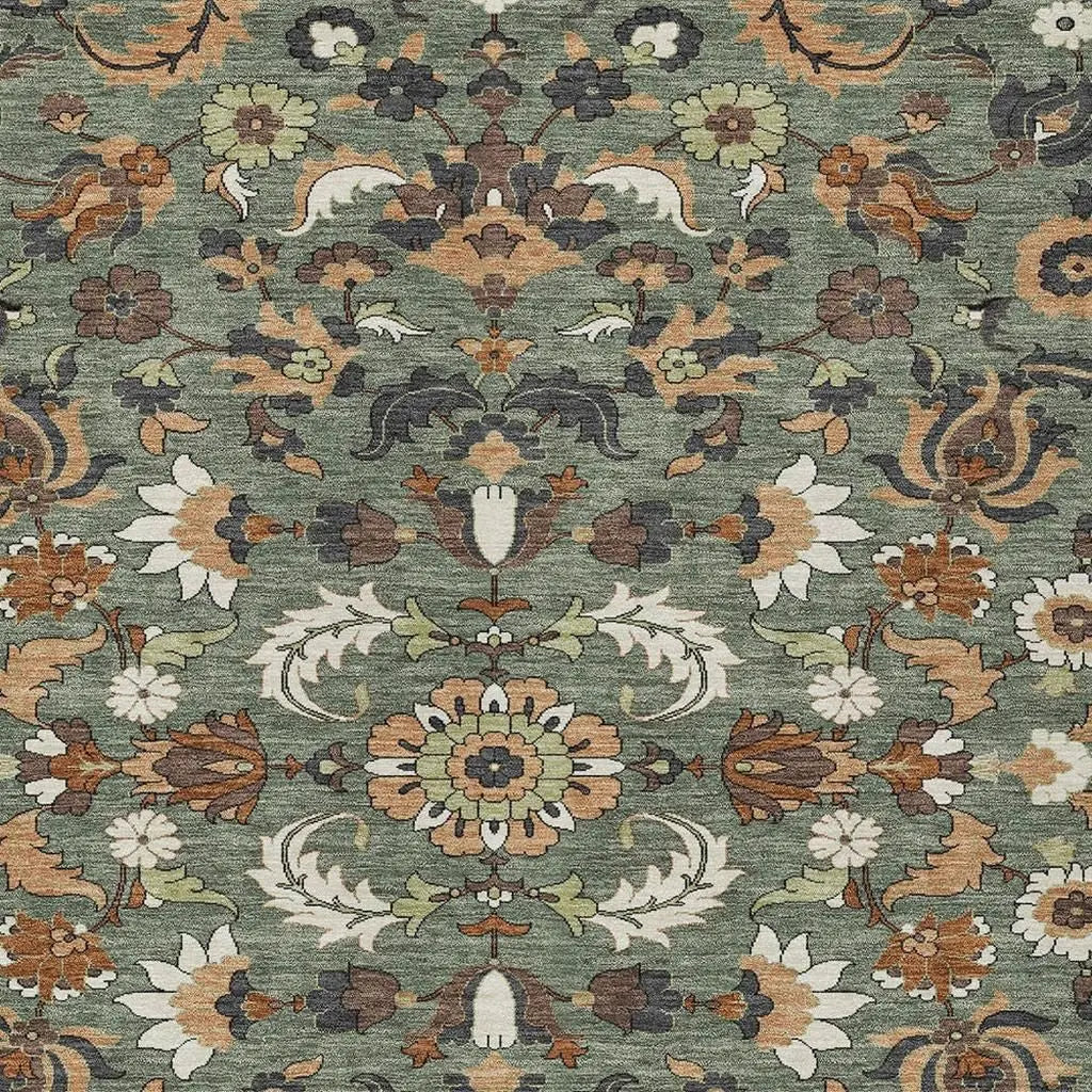 9' X 12' Green And Charcoal Floral Medallion Washable Indoor Outdoor Area Rug Homeroots Outdoor