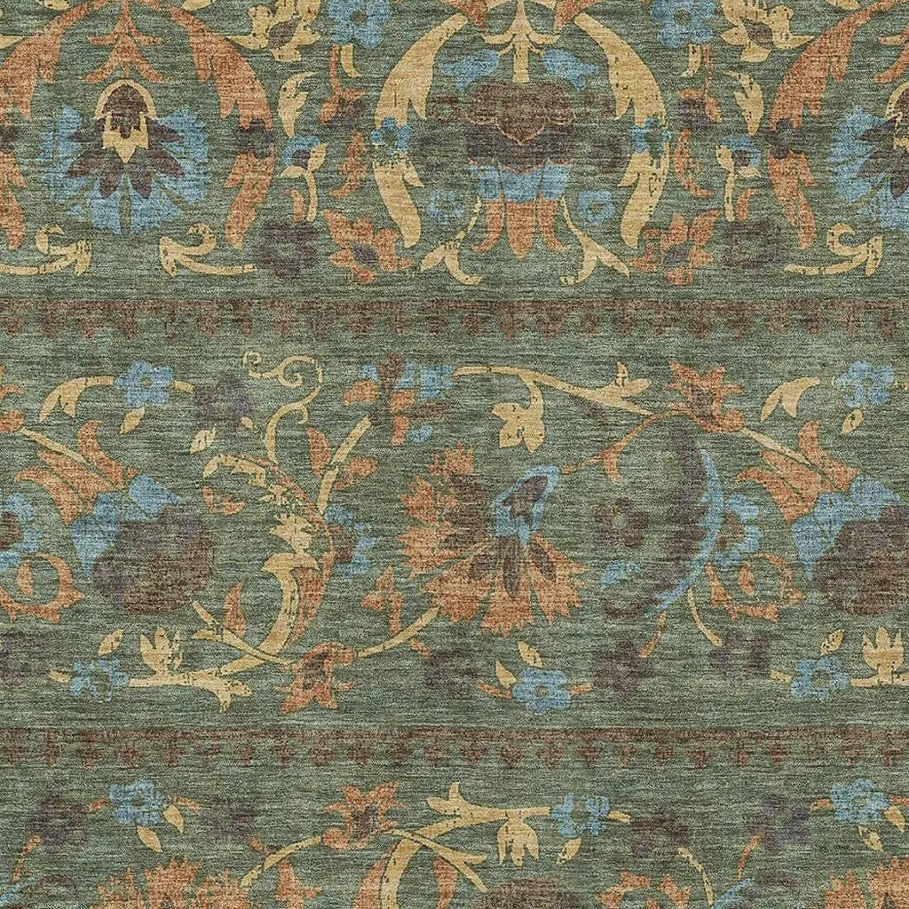 9' X 12' Green And Copper Floral Washable Indoor Outdoor Area Rug Homeroots Outdoor