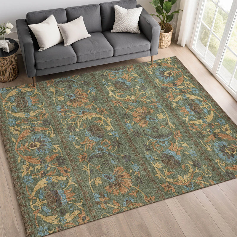 9' X 12' Green And Copper Floral Washable Indoor Outdoor Area Rug Homeroots Outdoor