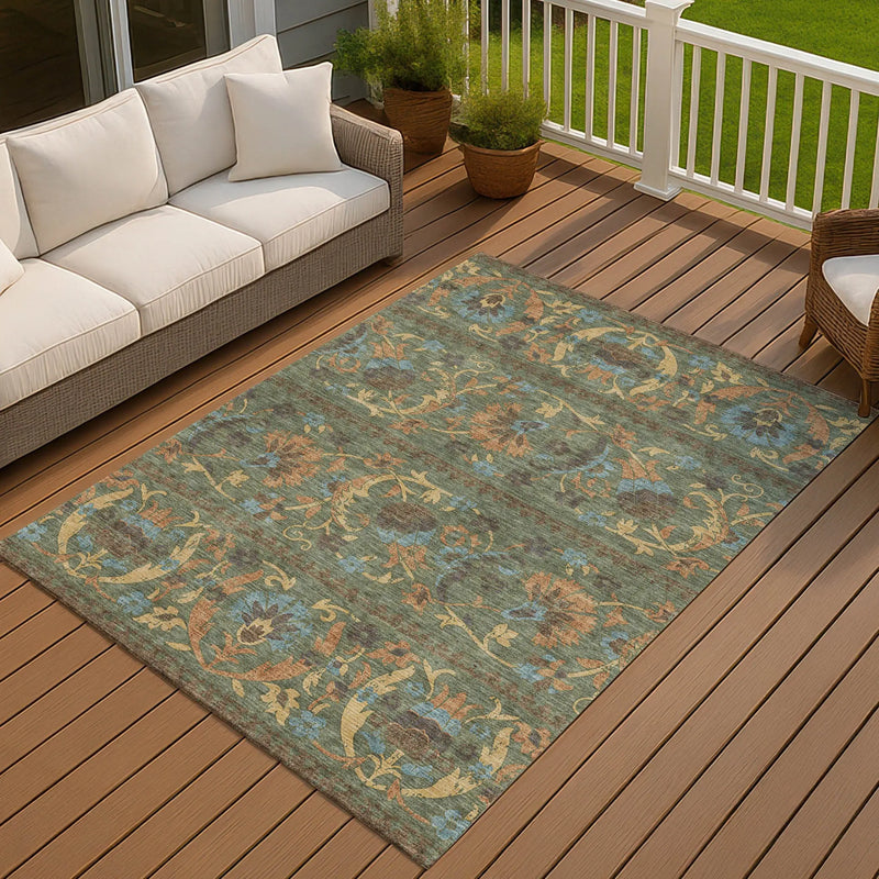 9' X 12' Green And Copper Floral Washable Indoor Outdoor Area Rug Homeroots Outdoor
