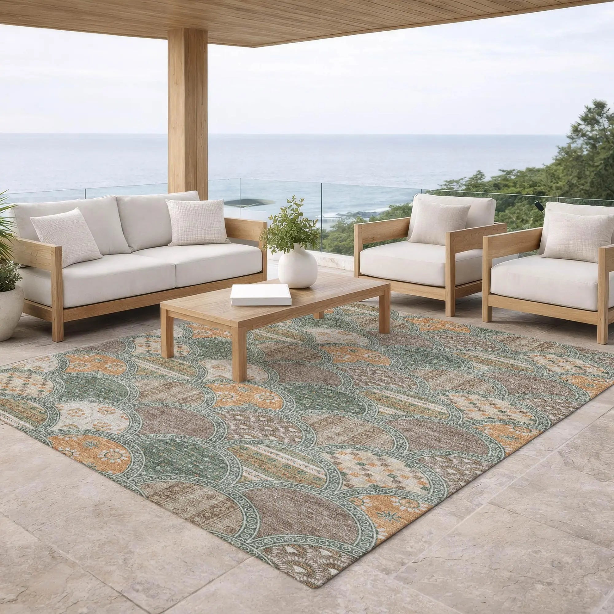 9' X 12' Green And Copper Geometric Washable Indoor Outdoor Area Rug Homeroots Outdoor