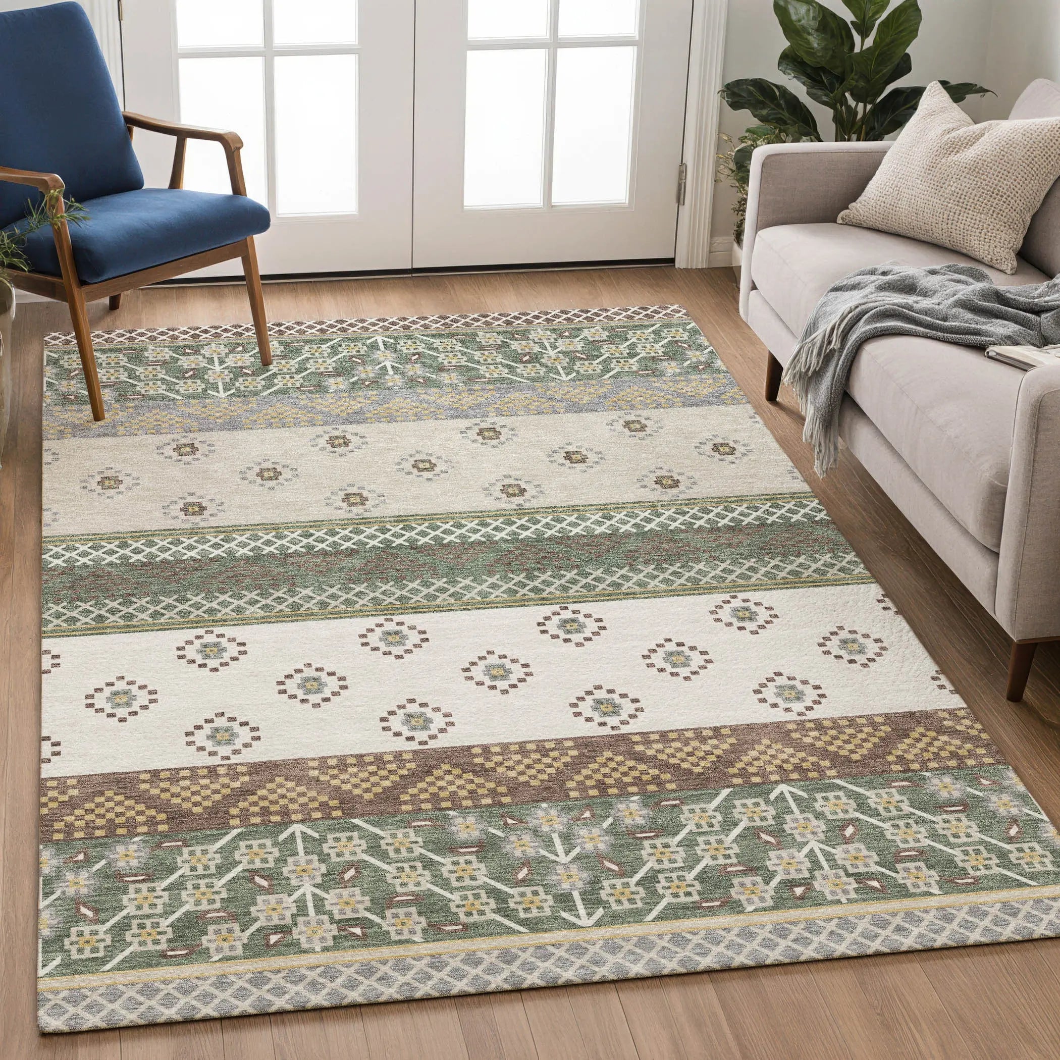 9' X 12' Green And Copper Striped Washable Indoor Outdoor Area Rug Homeroots Outdoor