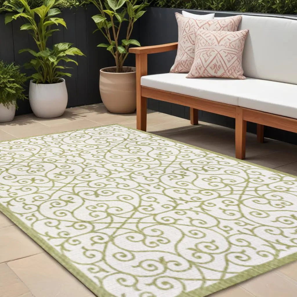9' X 12' Green And Cream Geometric Indoor Outdoor Area Rug Homeroots Outdoor