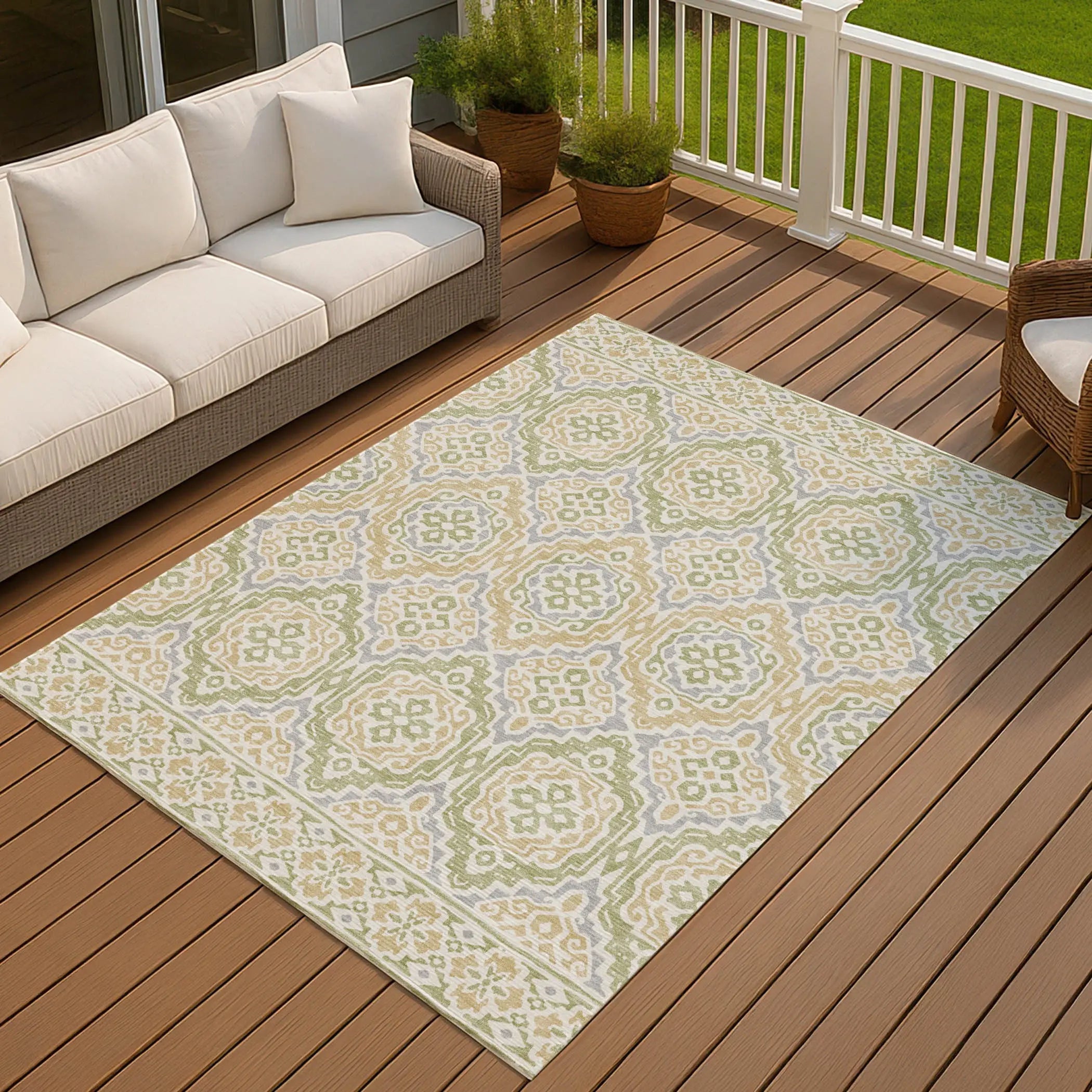 9' X 12' Green And Denim Blue Tribal Washable Indoor Outdoor Area Rug Homeroots Outdoor