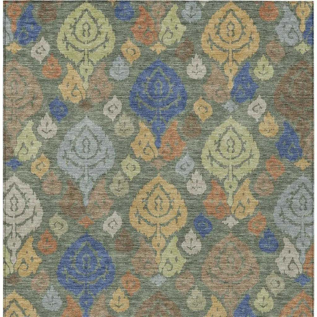 9' X 12' Green And Gold Damask Washable Indoor Outdoor Area Rug Homeroots Outdoor