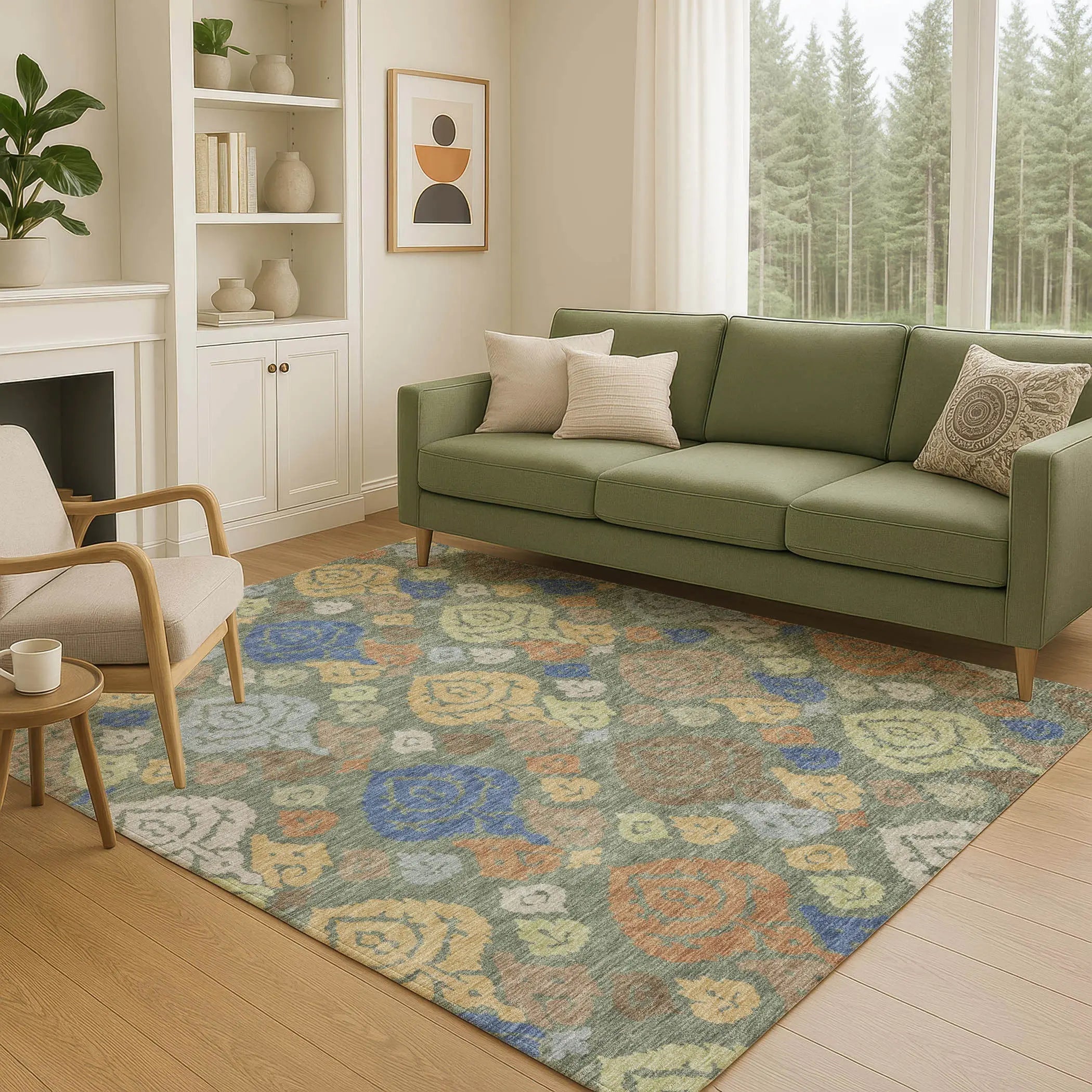 9' X 12' Green And Gold Damask Washable Indoor Outdoor Area Rug Homeroots Outdoor