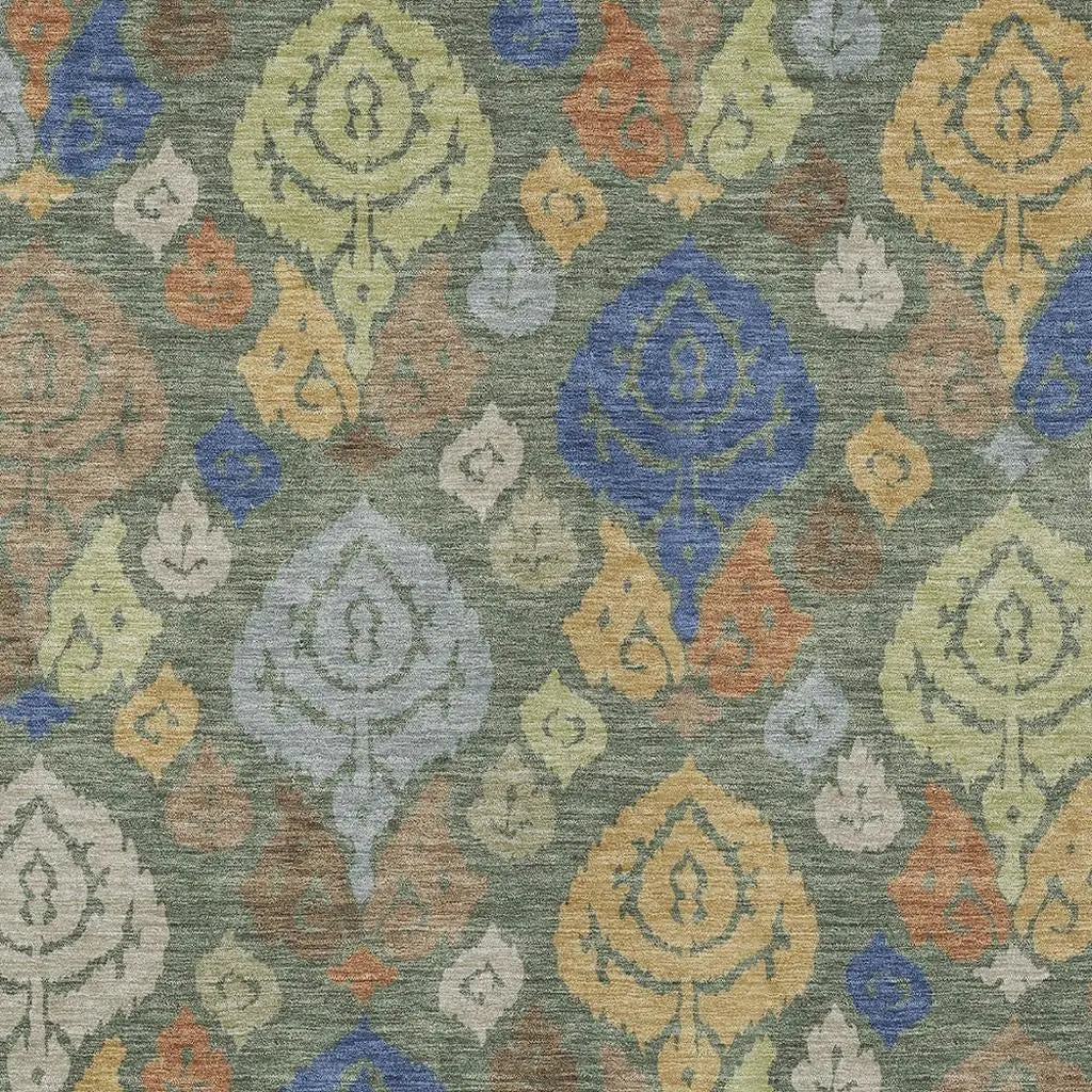 9' X 12' Green And Gold Damask Washable Indoor Outdoor Area Rug Homeroots Outdoor